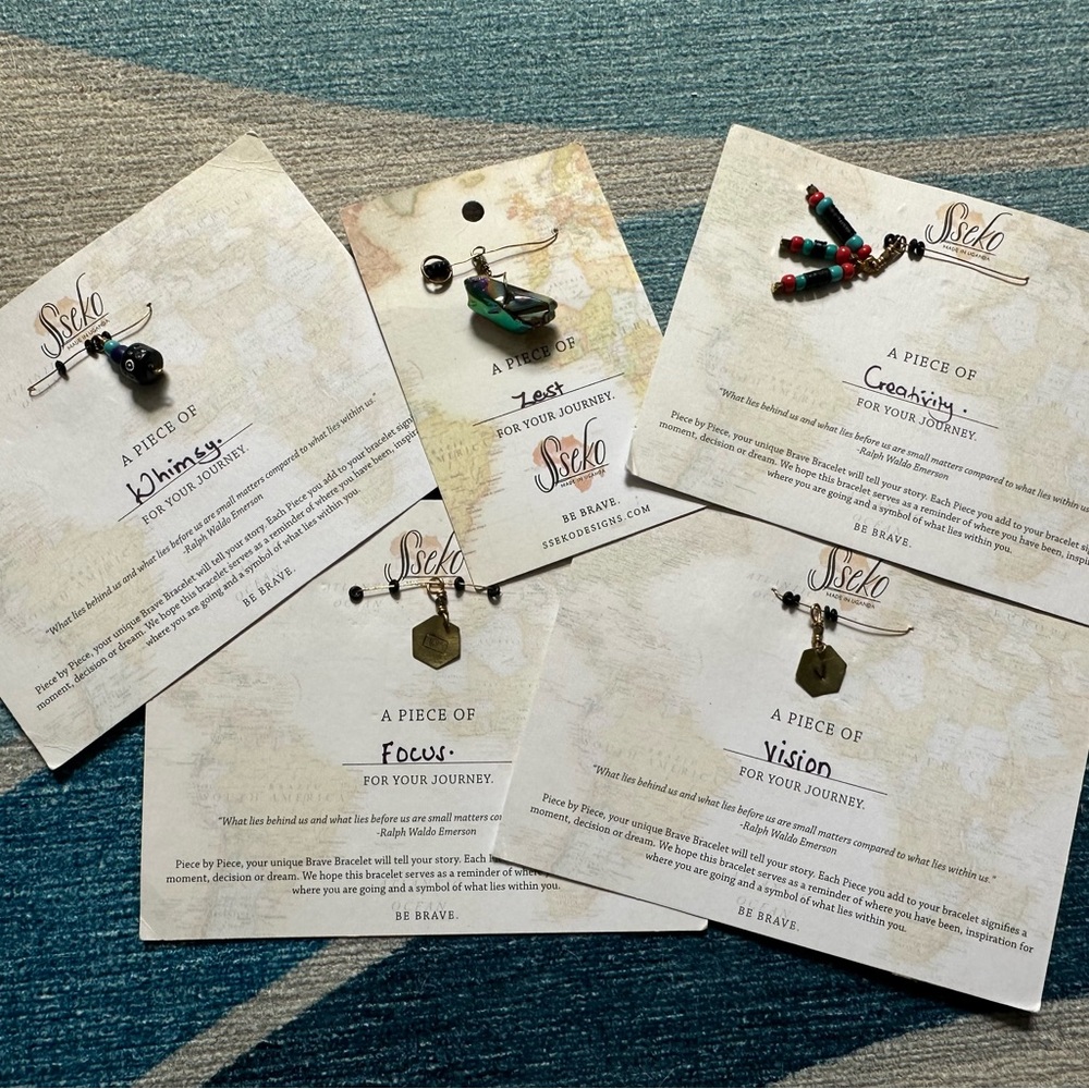 Five miscellaneous Sseko brave pieces for necklaces, bracelets, and earrings.